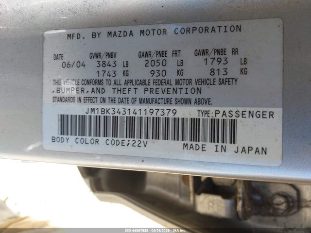44867535 :رقم المزاد ، JM1BK343141197379 vin ، 2004 Mazda Mazda3 S مزاد بيع