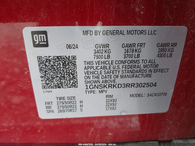 1GNSKRKD3RR302504 Chevrolet Tahoe 4wd Rst