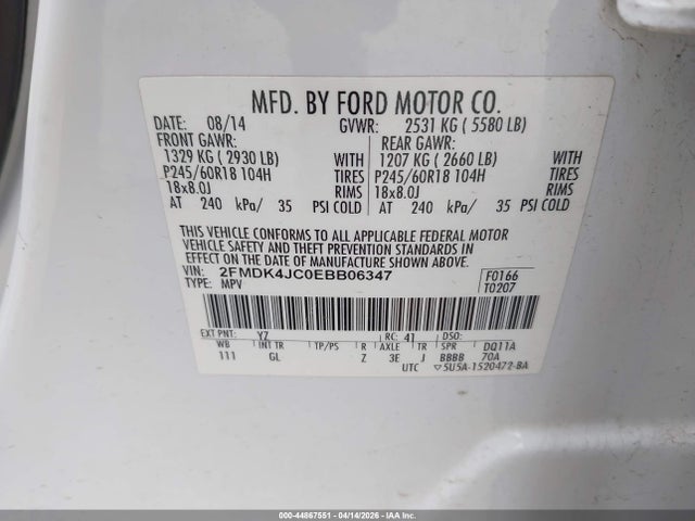 2014 Ford Edge Sel მანქანა იყიდება აუქციონზე, vin: 2FMDK4JC0EBB06347, აუქციონის ნომერი: 44867551