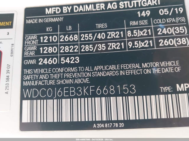 44867560 :رقم المزاد ، WDC0J6EB3KF668153 vin ، 2019 Mercedes-benz Amg Glc 43 Coupe 4matic مزاد بيع