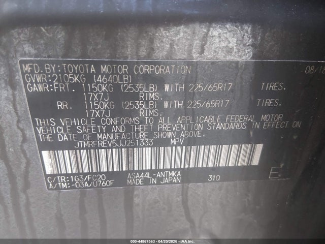 44867563 :رقم المزاد ، JTMRFREV5JJ251333 vin ، 2018 Toyota Rav4 Xle مزاد بيع