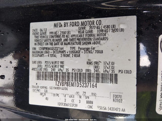 Aukcja sprzedaży 2013 Ford Mustang V6 Premium, vin: 1ZVBP8EM1D5237164, numer aukcji: 44867564