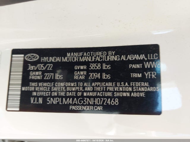44867571 :رقم المزاد ، 5NPLM4AG3NH072468 vin ، 2022 Hyundai Elantra Sel مزاد بيع
