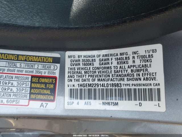 Aukcja sprzedaży 2004 Honda Civic Ex, vin: 1HGEM22914L018983, numer aukcji: 44867585