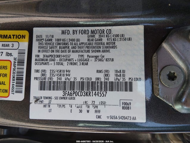 44867593 :رقم المزاد ، 3FA6P0CD3KR144557 vin ، 2019 Ford Fusion Sel مزاد بيع
