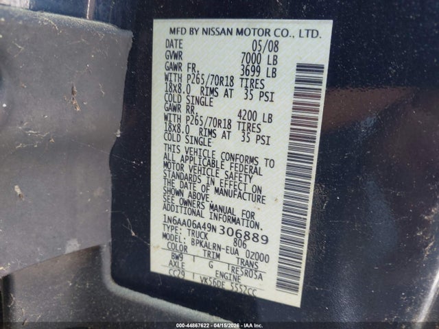 44867622 :رقم المزاد ، 1N6AA06A49N306889 vin ، 2009 Nissan Titan Xe مزاد بيع