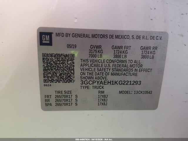 3GCPYAEH1KG221293 Chevrolet Silverado 1500 Work Truck