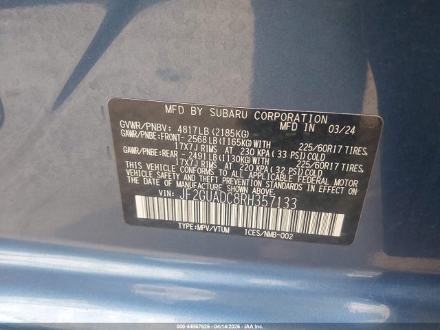 2024 Subaru Crosstrek Premium მანქანა იყიდება აუქციონზე, vin: JF2GUADC8RH357133, აუქციონის ნომერი: 44867625