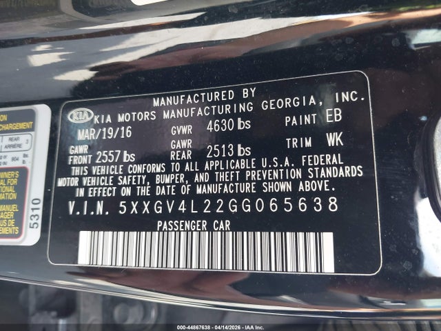 Aukcja sprzedaży 2016 Kia Optima Sxl Turbo, vin: 5XXGV4L22GG065638, numer aukcji: 44867638