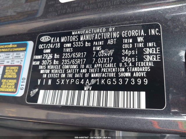 Продаж на аукціоні авто 2019 Kia Sorento 2.4l Lx, vin: 5XYPG4A31KG537399, номер лоту: 44867647