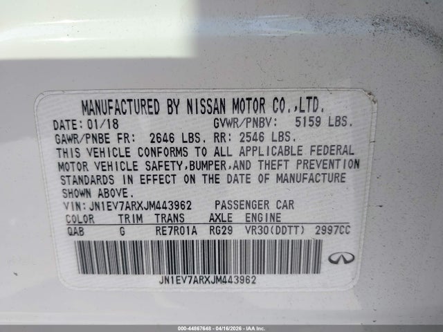 2018 Infiniti Q50 3.0t Sport მანქანა იყიდება აუქციონზე, vin: JN1EV7ARXJM443962, აუქციონის ნომერი: 44867648