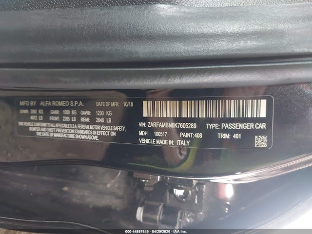 Auction sale of the 2019 Alfa Romeo Giulia Ti Sport Rwd, vin: ZARFAMBN6K7605289, lot number: 44867649