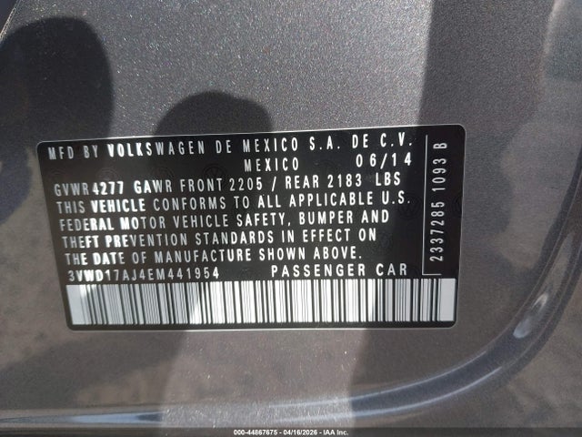 Продаж на аукціоні авто 2014 Volkswagen Jetta 1.8t Se, vin: 3VWD17AJ4EM441954, номер лоту: 44867675