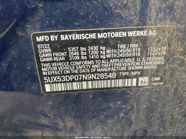 Продажа на аукционе авто 2022 Bmw X3 Xdrive30i, vin: 5UX53DP07N9N28548, номер лота: 44867683