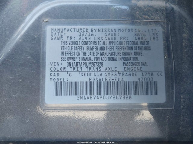 Продаж на аукціоні авто 2018 Nissan Sentra S, vin: 3N1AB7AP0JY267328, номер лоту: 44867701
