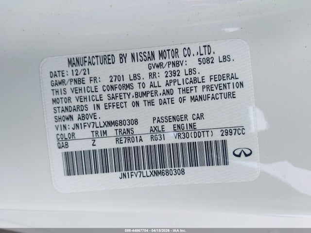 44867704 :رقم المزاد ، JN1FV7LLXNM680308 vin ، 2022 Infiniti Q60 Red Sport 400 Awd مزاد بيع