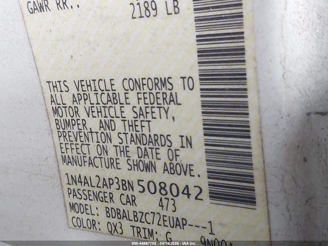 2011 Nissan Altima 2.5 S მანქანა იყიდება აუქციონზე, vin: 1N4AL2AP3BN508042, აუქციონის ნომერი: 44867705