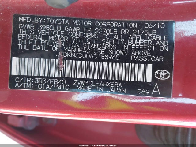 2010 Toyota Prius მანქანა იყიდება აუქციონზე, vin: JTDKN3DU0A0188965, აუქციონის ნომერი: 44867706
