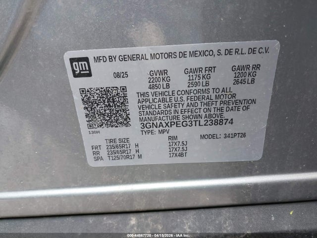 Продаж на аукціоні авто 2026 Chevrolet Equinox Awd Lt, vin: 3GNAXPEG3TL238874, номер лоту: 44867720