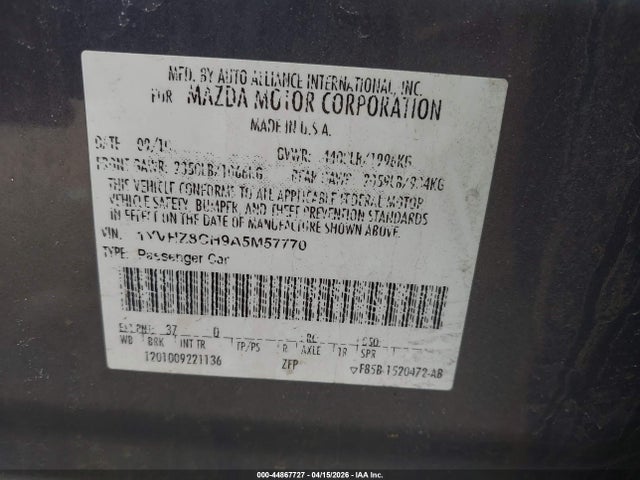 44867727 :رقم المزاد ، 1YVHZ8CH9A5M57770 vin ، 2010 Mazda Mazda6 I Grand Touring مزاد بيع
