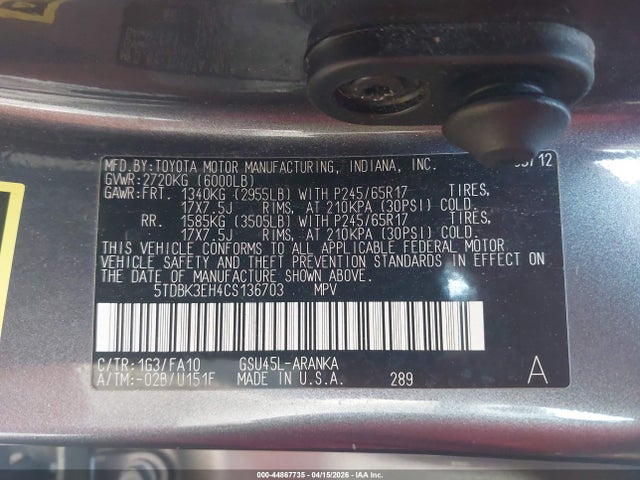 Продаж на аукціоні авто 2012 Toyota Highlander Base V6, vin: 5TDBK3EH4CS136703, номер лоту: 44867735