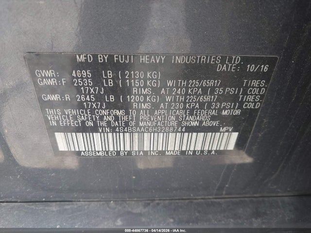 Продаж на аукціоні авто 2017 Subaru Outback 2.5i, vin: 4S4BSAAC6H3288744, номер лоту: 44867736