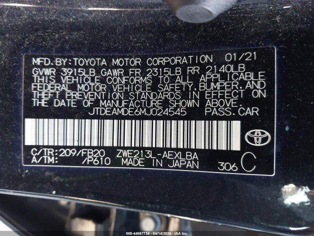 JTDEAMDE6MJ024545 Toyota Corolla Hybrid Le