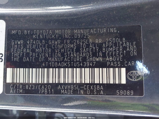 Продаж на аукціоні авто 2026 Toyota Camry Se, vin: 4T1DBADK5TU543947, номер лоту: 44867739