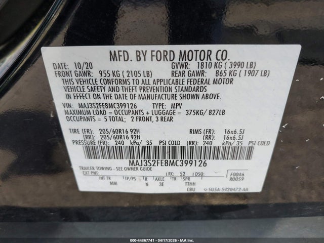 2021 Ford Ecosport S მანქანა იყიდება აუქციონზე, vin: MAJ3S2FE8MC399126, აუქციონის ნომერი: 44867741