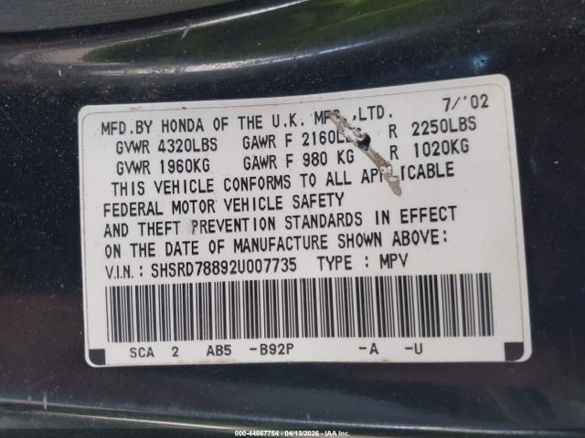 2002 HONDA CR-V SHSRD78892U007735 Photo 8