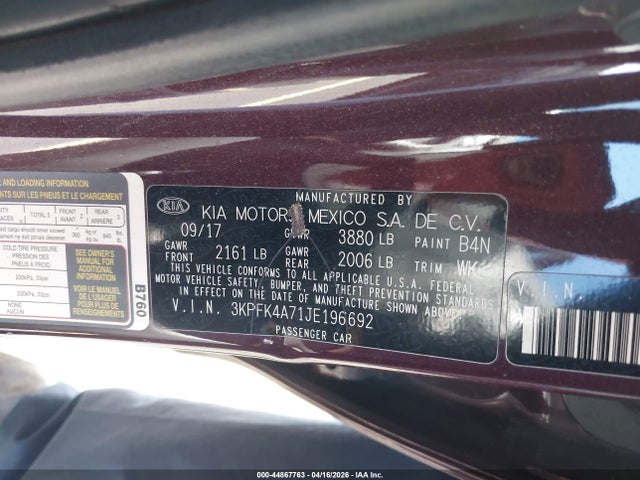 44867763 :رقم المزاد ، 3KPFK4A71JE196692 vin ، 2018 Kia Forte Lx مزاد بيع
