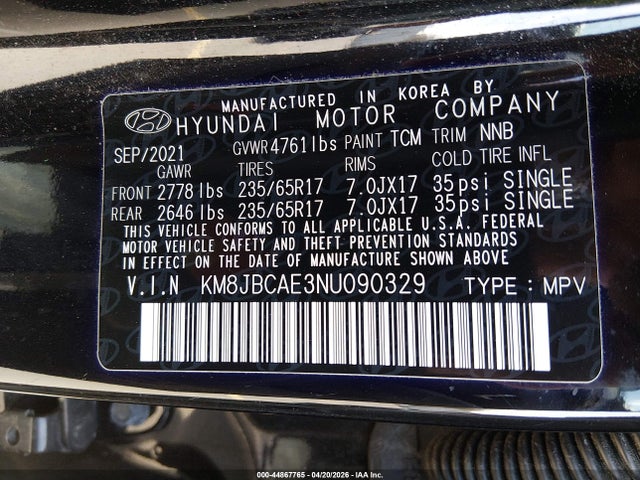44867765 :رقم المزاد ، KM8JBCAE3NU090329 vin ، 2022 Hyundai Tucson Sel مزاد بيع