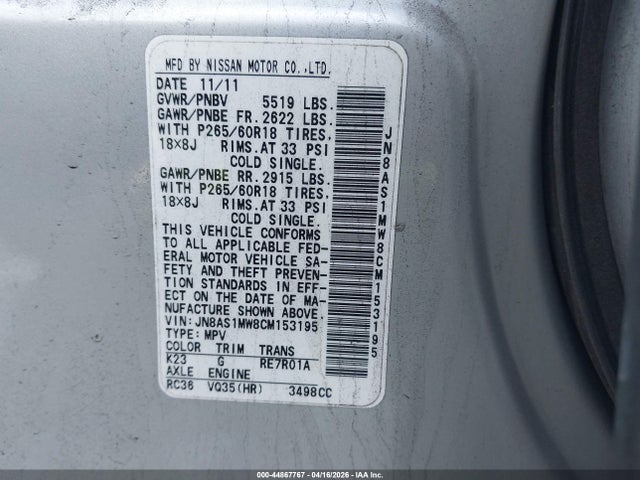 44867767 :رقم المزاد ، JN8AS1MW8CM153195 vin ، 2012 Infiniti Fx35 مزاد بيع