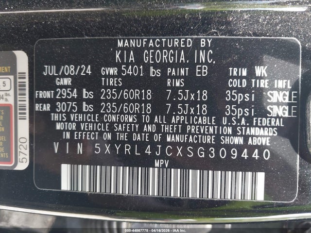 44867778 :رقم المزاد ، 5XYRL4JCXSG309440 vin ، 2025 Kia Sorento S مزاد بيع