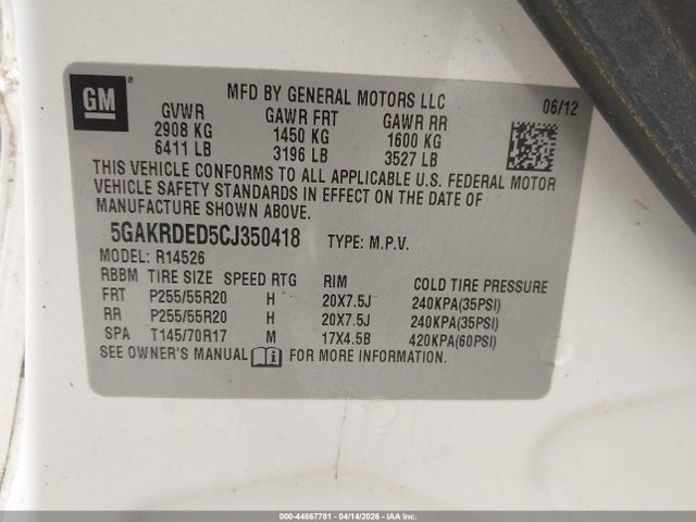 2012 Buick Enclave Premium მანქანა იყიდება აუქციონზე, vin: 5GAKRDED5CJ350418, აუქციონის ნომერი: 44867781