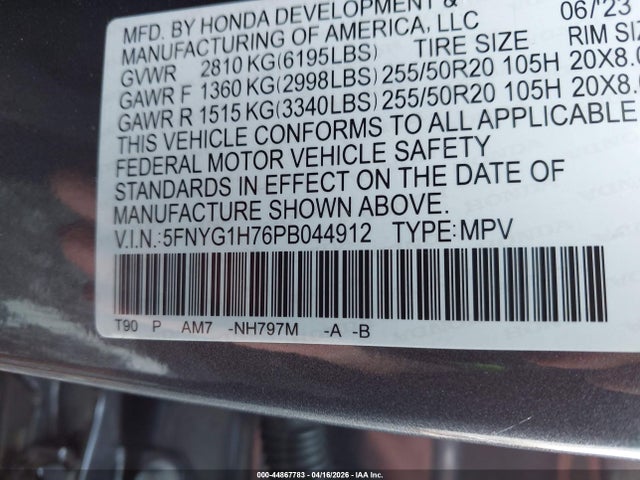 2023 Honda Pilot Awd Touring მანქანა იყიდება აუქციონზე, vin: 5FNYG1H76PB044912, აუქციონის ნომერი: 44867783