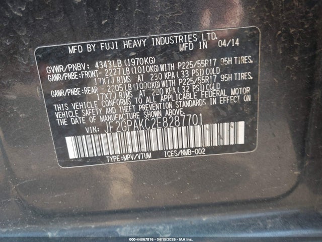 44867816 :رقم المزاد ، JF2GPAKC2E8287701 vin ، 2014 Subaru Xv Crosstrek 2.0i Limited مزاد بيع