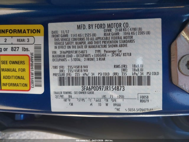 Продаж на аукціоні авто 2018 Ford Fusion Titanium, vin: 3FA6P0D97JR154873, номер лоту: 44867817