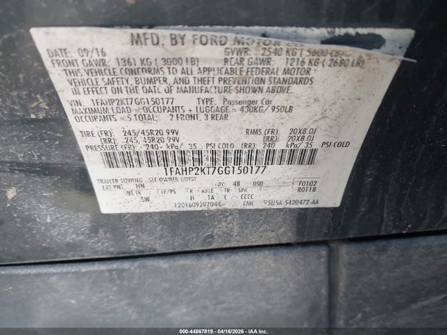 44867819 :رقم المزاد ، 1FAHP2KT7GG150177 vin ، 2016 Ford Taurus Sho مزاد بيع