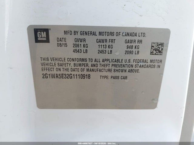 44867827 :رقم المزاد ، 2G1WA5E32G1110918 vin ، 2016 Chevrolet Impala Limited Ls مزاد بيع