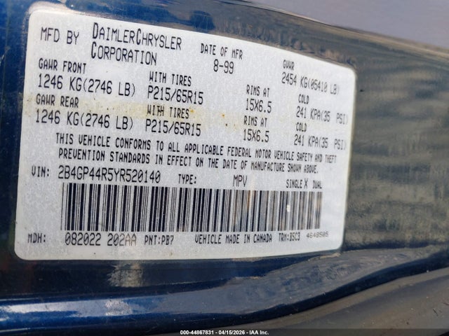 Aukcja sprzedaży 2000 Dodge Grand Caravan Se, vin: 2B4GP44R5YR520140, numer aukcji: 44867831