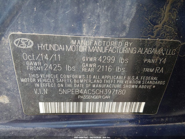 2012 Hyundai Sonata Gls მანქანა იყიდება აუქციონზე, vin: 5NPEB4AC5CH397180, აუქციონის ნომერი: 44867847