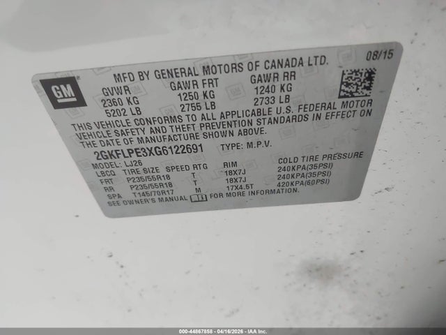 Продажа на аукционе авто 2016 Gmc Terrain Slt, vin: 2GKFLPE3XG6122691, номер лота: 44867858