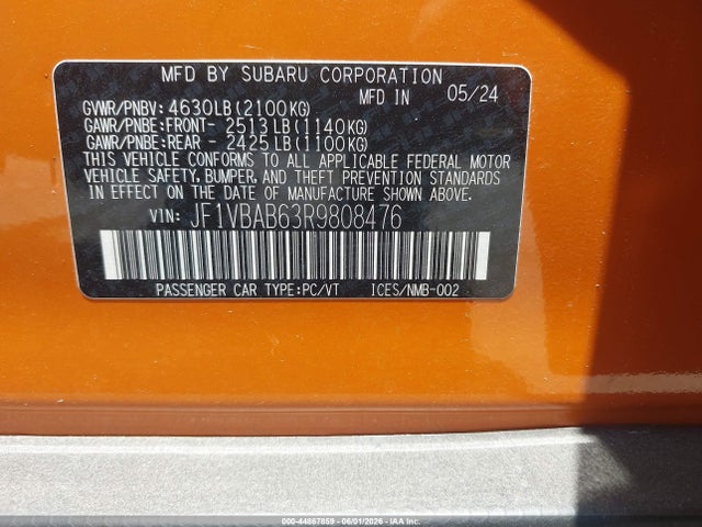 Продаж на аукціоні авто 2024 Subaru Wrx, vin: JF1VBAB63R9808476, номер лоту: 44867859