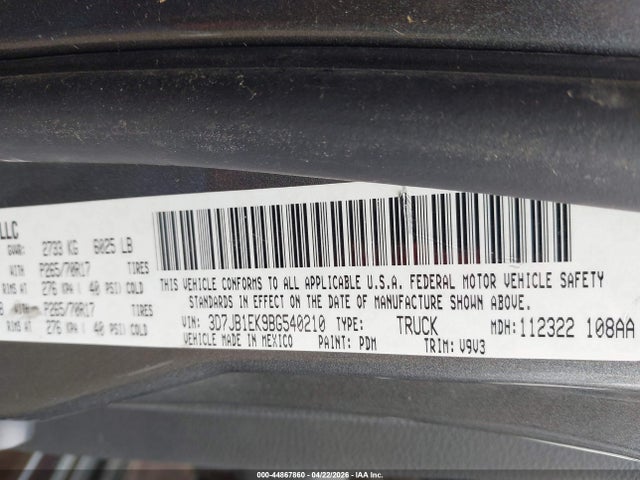 Aukcja sprzedaży 2011 Ram Ram 1500 St, vin: 3D7JB1EK9BG540210, numer aukcji: 44867860
