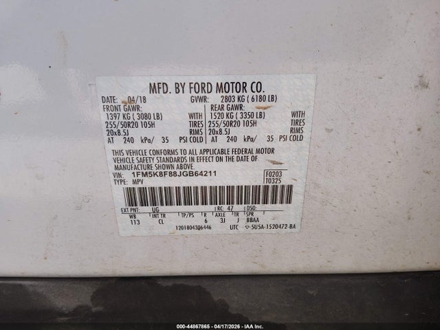 Aukcja sprzedaży 2018 Ford Explorer Limited, vin: 1FM5K8F88JGB64211, numer aukcji: 44867865