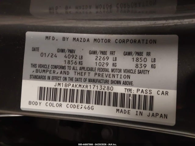 Aukcja sprzedaży 2024 Mazda Mazda3 2.5 S Select Sport, vin: JM1BPAKMXR1713280, numer aukcji: 44867866