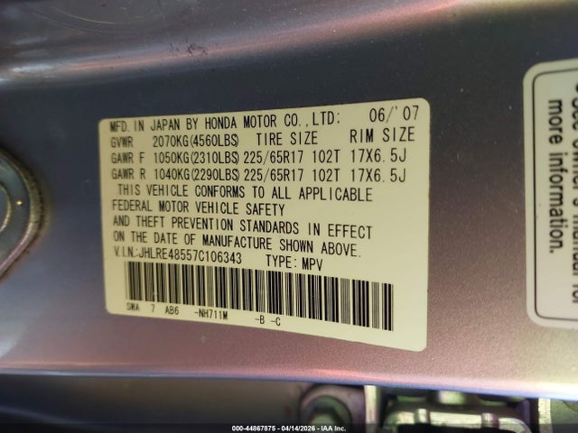 2007 Honda Cr-v Ex მანქანა იყიდება აუქციონზე, vin: JHLRE48557C106343, აუქციონის ნომერი: 44867875