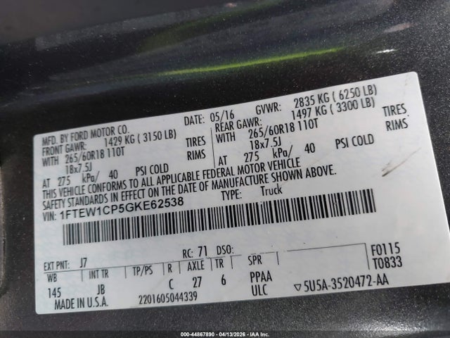1FTEW1CP5GKE62538 Ford F-150 Xlt