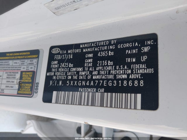 2014 Kia Optima Ex მანქანა იყიდება აუქციონზე, vin: 5XXGN4A77EG318688, აუქციონის ნომერი: 44867901